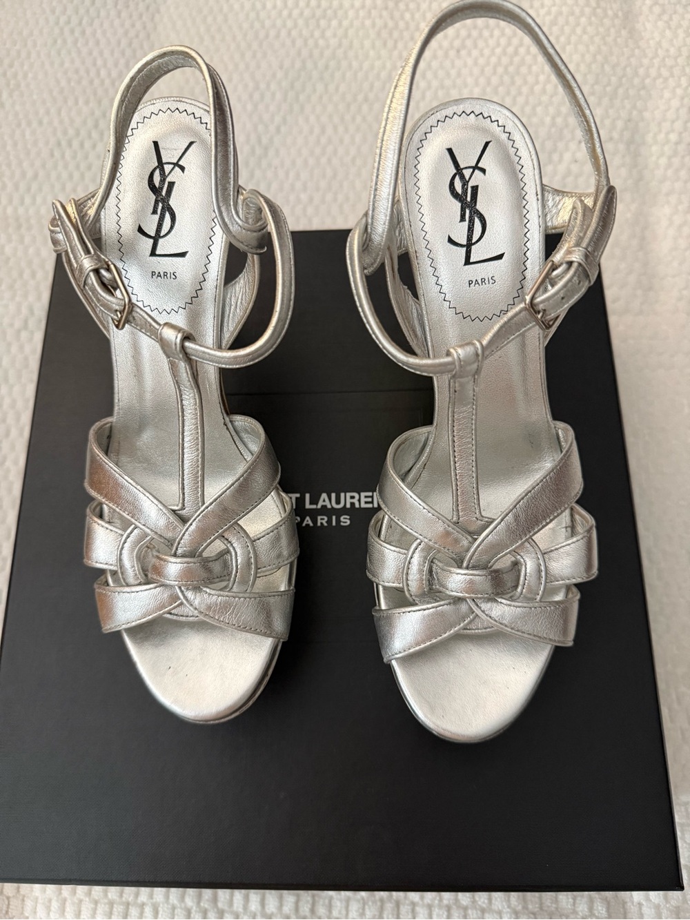 Yves Saint Laurent Metallic Silver Knotted T-Strap Sandals